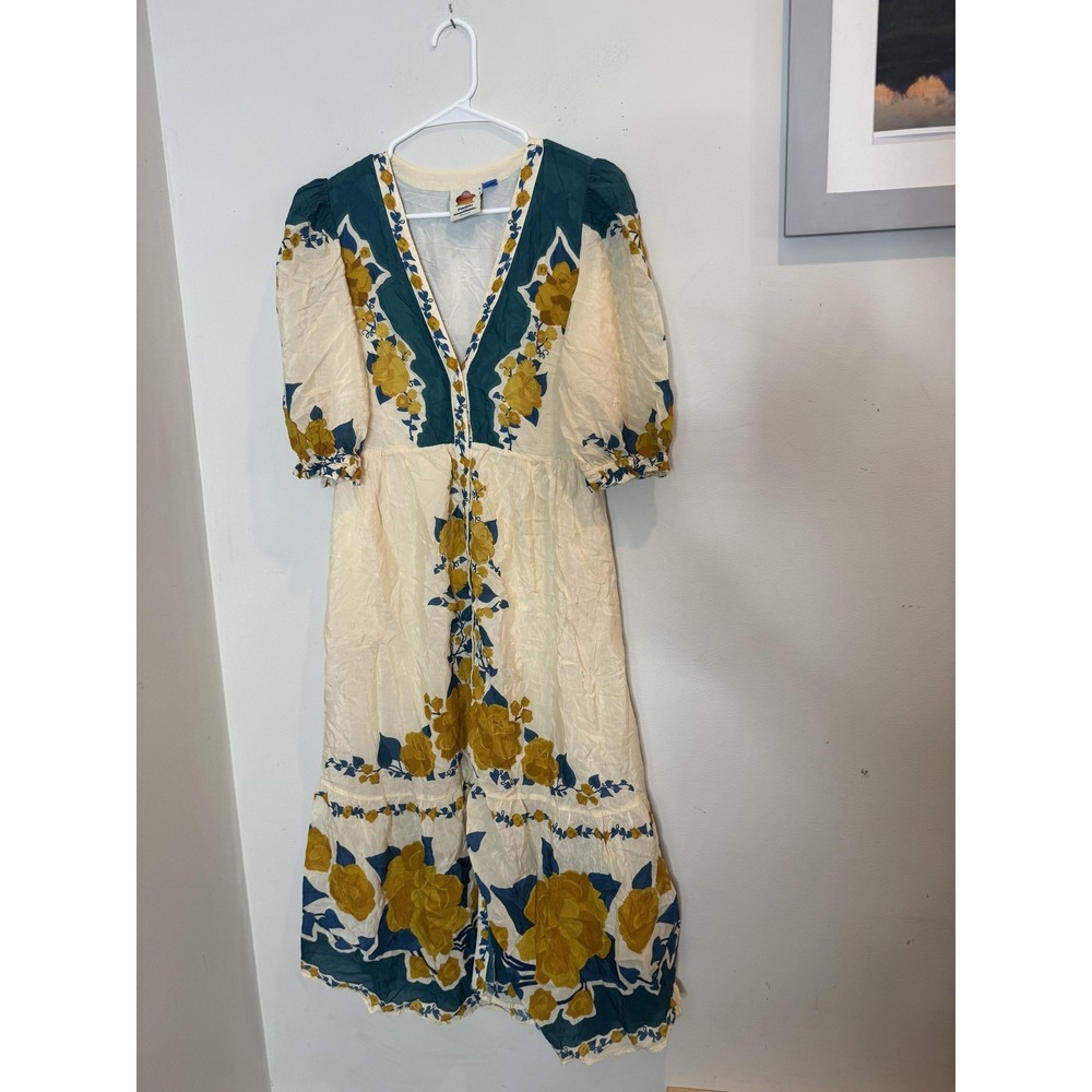 Farm Rio‎ Dress Womens Medium Multicolor Floral V Neck Puff Sleeve Maxi Sundress - Picture 2 of 9